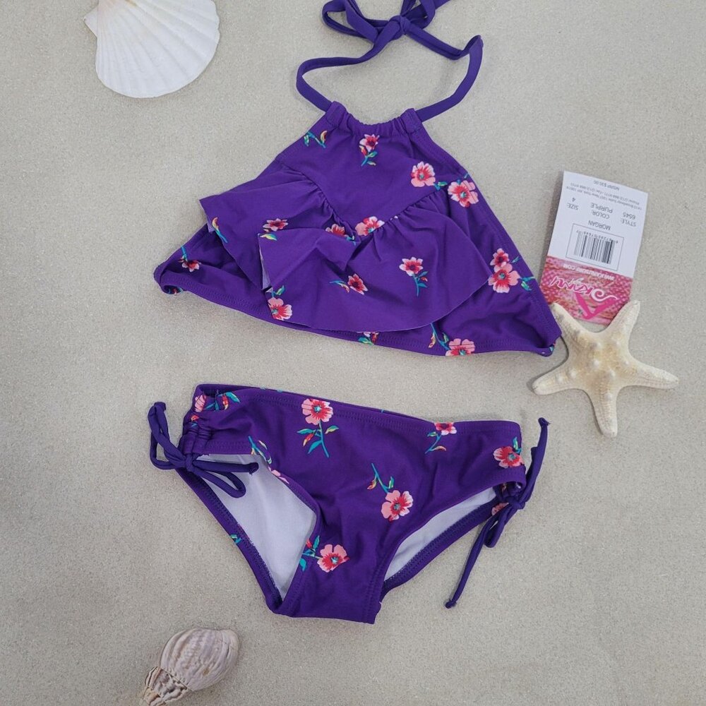 Kanu Surf Halter Bikini 2-Piece Size 4 Purple Floral Big Girls' Morgan Ruffle